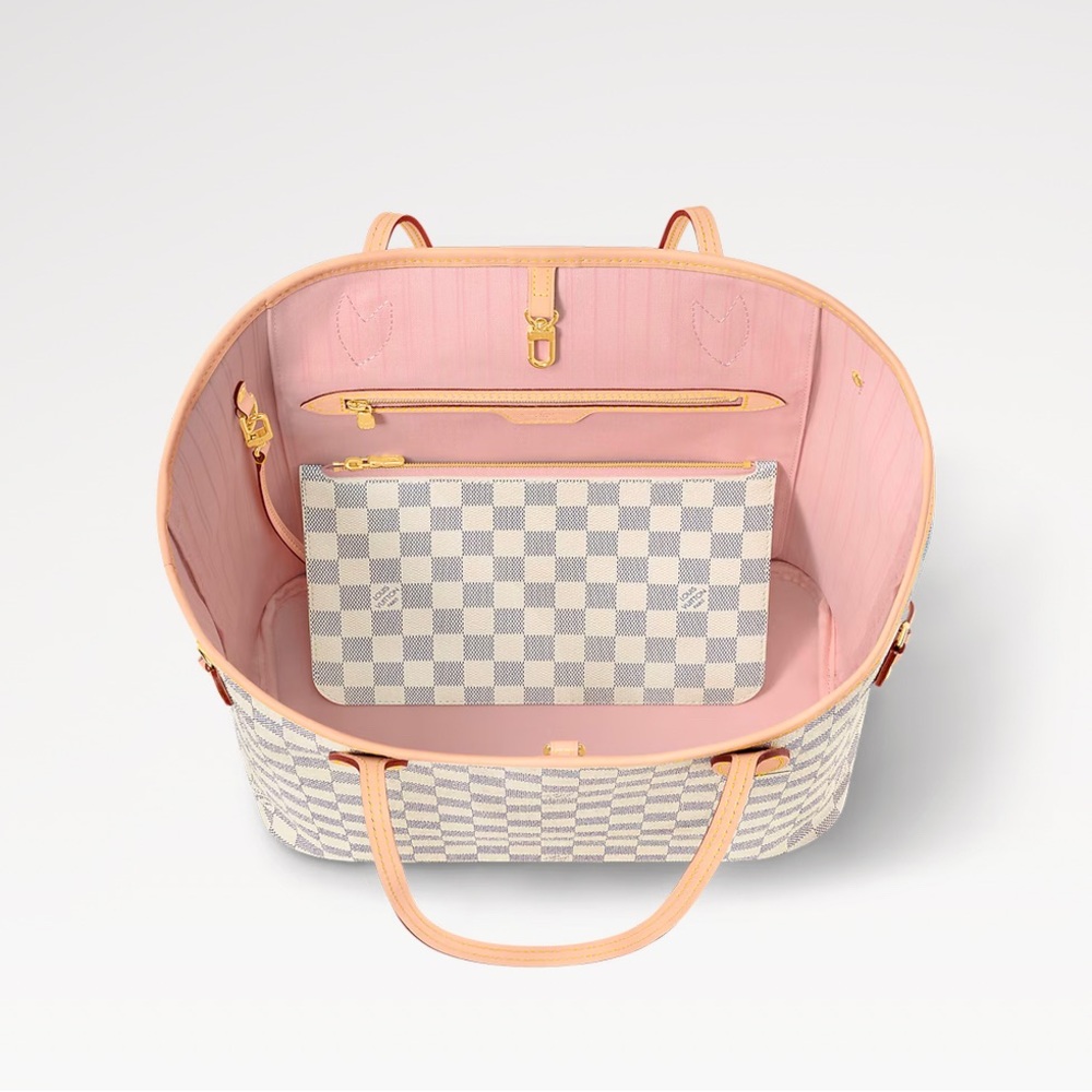 Louis Vuitton Damier Azur Coated Canvas NeverFull MM Tote Rose Ballerina Lining